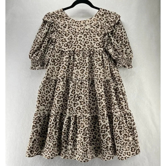 La Ven Dress Size XS Babydoll Leopard Print Ruffle Tiered Puff Sleeve Beige - Picture 1 of 12